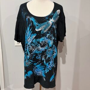 Just My Size Black and Blue Dragonfly Top